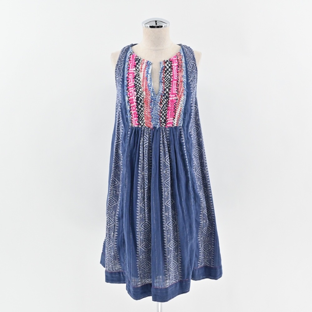 Anthropologie Navy Blue Embroidered Sleeveless Dress with Pink Accents